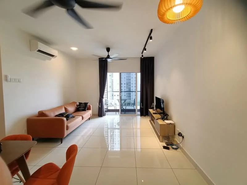Living features: 3-seater fabric sofa in orange, coffee table, wall-mounted TV, TV console, floor-to-ceiling windows, sliding glass door, curtains, 2-blade ceiling fan, recessed LED downlights, glossy tile flooring, decorative wall art, area rug; style: modern; view: city.