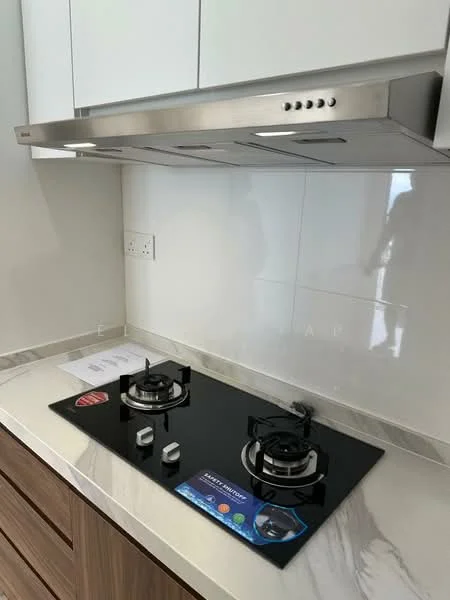 Kitchen features: stainless-steel range hood, 2-burner gas hob, black glass cooktop, white tiled backsplash, light-colored marble countertop, wood cabinetry, power outlet, instruction manual on countertop; style: modern.