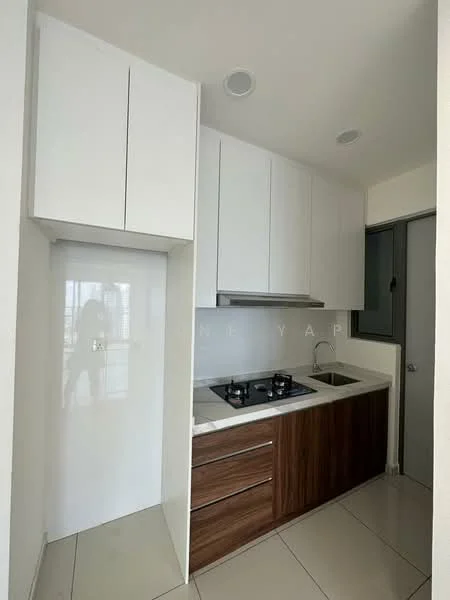Kitchen features: white cabinetry with flat-panel doors, brown wooden lower cabinets, stainless-steel sink, chrome pull-down faucet, 2-burner gas hob, white countertop, tile backsplash, recessed downlights, floor-to-ceiling window, ceramic tile flooring; style: modern; view: city.