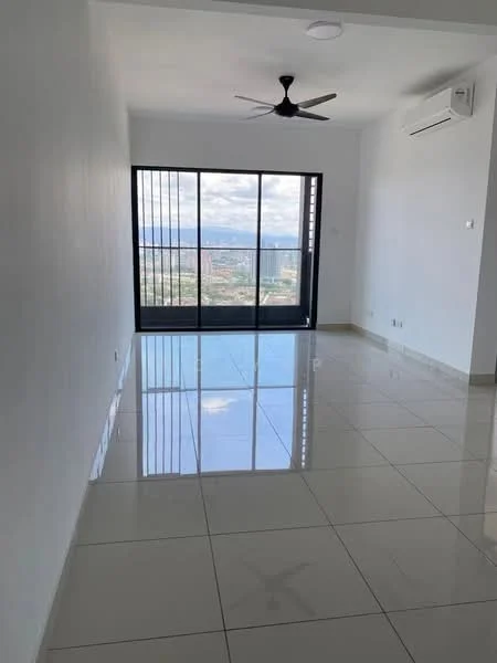 Living features: white painted walls, glossy ceramic tile flooring, 5-blade ceiling fan with light, floor-to-ceiling windows, sliding glass door, city view, air conditioning unit, recessed downlights; style: modern; view: city.
