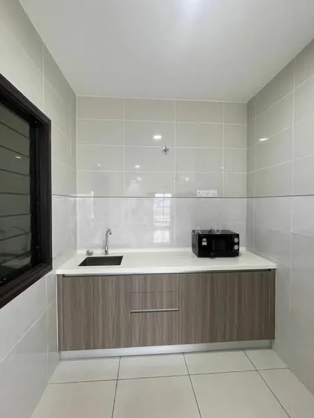 Kitchen features: white tiled walls, light grey tiled backsplash, laminate cabinetry in wood finish, white countertop, single-bowl stainless-steel sink, chrome faucet, built-in microwave, floor tiles in light grey, window with black frame, recessed lighting; style: modern.