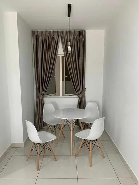 Dining features: round dining table, 4 white chairs with wooden legs, grey curtains, white painted walls, tile flooring, single pendant light, window with sheer treatment; style: modern.