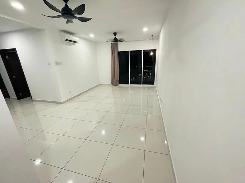 Living features: white painted walls, glossy ceramic tile flooring, 2 ceiling fans, recessed LED downlights, floor-to-ceiling windows, curtains, air conditioning unit, open layout; style: modern; view: city.