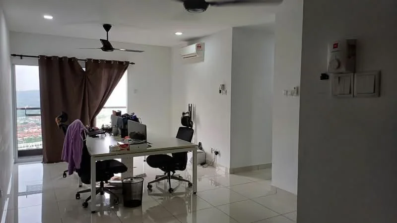 Room features: white painted walls, glossy tile flooring, 5-blade ceiling fan, floor-to-ceiling windows, curtains, office desk with chair, computer equipment, waste bin, air conditioning unit; style: modern; view: city.