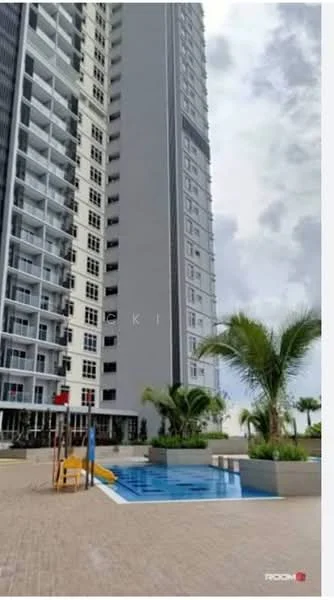 Exterior type: high-rise condominium; features: glass curtain wall, balconies on upper floors, swimming pool, pool deck with loungers, landscaped garden, children's playground, manicured lawn, palm trees, modern architectural design; style: modern.