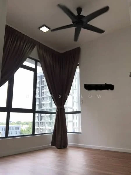 Room features: floor-to-ceiling windows, black ceiling fan, brown curtains, light-colored walls, wooden flooring, recessed ceiling light, decorative wall shelf; style: modern; view: city.
