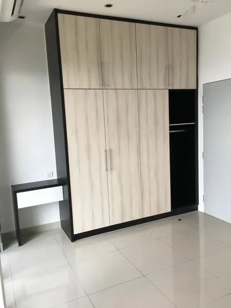 Room features: built-in wardrobe with light wood finish, black accent trim, single open section for hanging clothes, white walls, glossy tile flooring, air conditioning unit mounted on wall, desk or console table, neutral color scheme; style: modern.