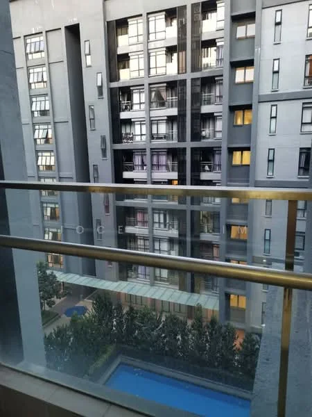 Room features: glass balcony railing, concrete walls, large windows, view of neighboring building, view of landscaped area, view of swimming pool, outdoor greenery, modern architectural design; style: modern; view: pool.