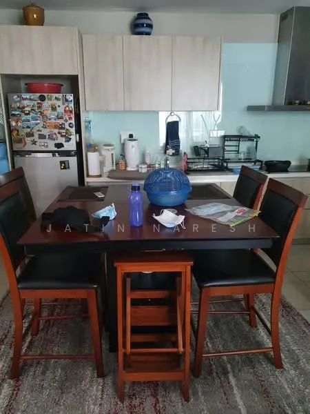 Dining features: wooden dining table, 4 high-back wooden dining chairs, grey area rug, stainless-steel kitchen appliances, glass backsplash, refrigerator with magnets, kitchen countertop, blue decorative bowl, water bottle, face masks on table; style: modern.