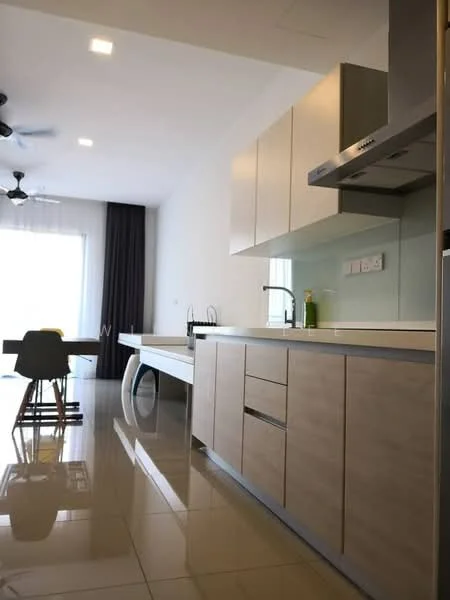 Kitchen features: white cabinets with flat-panel design, light wood cabinetry, stainless-steel sink, chrome pull-down faucet, white quartz countertop, glass backsplash, built-in oven, stainless-steel range hood, 4-burner gas hob, recessed downlights, floor-to-ceiling windows, polished tile flooring, ceiling fan; style: modern. Dining features: 4-seater dining table, black dining chairs, white table surface; style: modern.
