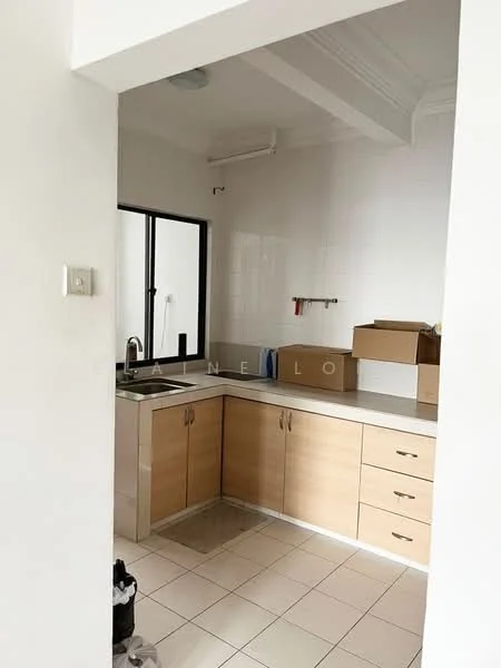 Kitchen features: single-bowl stainless-steel sink, chrome pull-down faucet, laminate countertop, light wood cabinetry, tile backsplash, built-in cabinets, white tiled flooring, window with black frame, box storage, open shelving; style: modern.