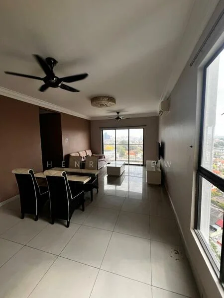 Living features: white tiled flooring, brown accent wall, 5-blade ceiling fan, recessed downlights, floor-to-ceiling windows, sliding glass door, sofa with cushions, coffee table, dining table with upholstered chairs, wall-mounted TV; style: modern; view: city.
