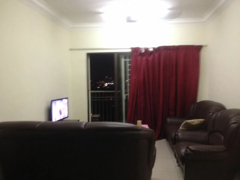 Living features: brown leather sofa set, coffee table, wall-mounted TV, floor-to-ceiling windows, red curtains, cream painted walls, tile flooring, ceiling fan with light, decorative cushions; style: modern; view: city.