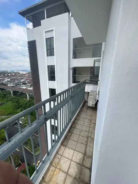 Room features: balcony, metal railing, concrete flooring, air conditioning unit, city view, grey exterior walls, partially covered, adjacent to building structure; style: modern; view: city.