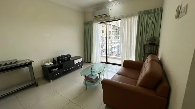 Living features: brown leather sofa, glass coffee table, black TV console, floor-to-ceiling sliding glass door, curtains in light green, air conditioning unit on wall, ceramic tile flooring, neutral painted walls; style: modern; view: city.
