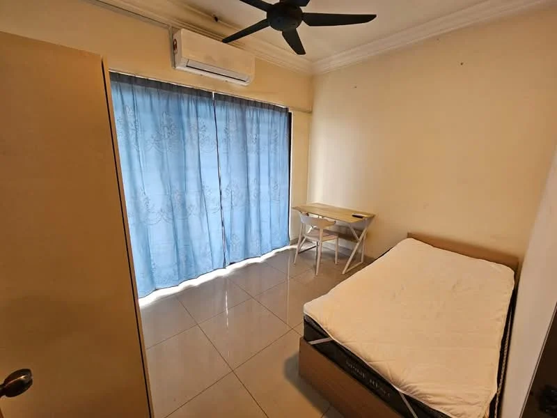 Bedroom features: queen-size bed, white mattress, light-coloured bed frame, floor-to-ceiling window, blue sheer curtains, white wall, tile flooring, ceiling fan with light, air conditioning unit, small study table, foldable chair; style: minimalist.