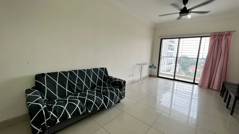 Living features: 3-seater fabric sofa in black and white pattern, floor-to-ceiling windows, sliding glass door, pink curtains, white painted walls, glossy ceramic tile flooring, ceiling fan, wall-mounted clothes drying rack, coffee table, decorative wall; style: modern; view: city.