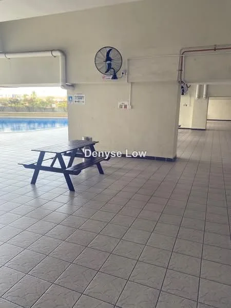 Exterior type: swimming pool deck; features: tiled flooring, ceiling fan, picnic table, swimming pool visible in background, wall-mounted signage, outdoor space, open layout; style: modern.