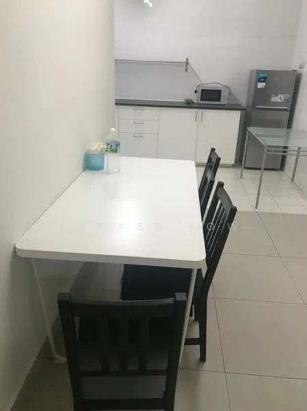 Dining features: white dining table, 4 black wooden dining chairs, tile flooring, white painted walls, grey countertop, microwave, stainless-steel fridge, kitchen cabinetry; style: modern.