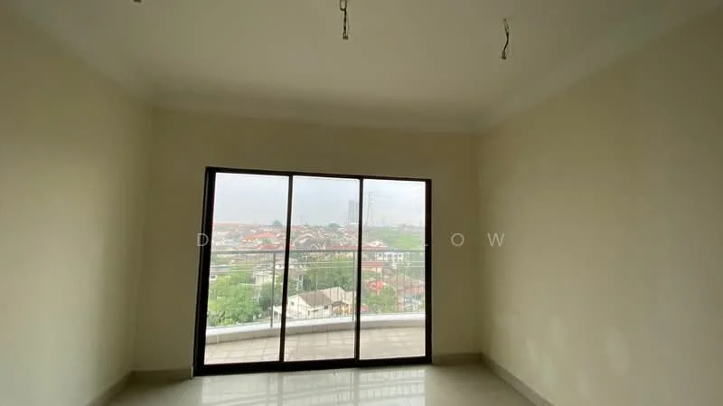 Room features: white painted walls, glossy tile flooring, floor-to-ceiling windows, city view, recessed ceiling lights; style: modern; view: city.