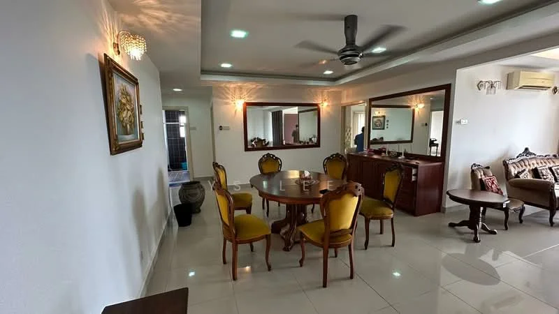 Dining features: round wooden dining table, 6 upholstered dining chairs in yellow, white painted walls, recessed downlights, ceiling fan with light, wooden sideboard, framed artwork on wall, tile flooring; style: contemporary. Living features: sofa with decorative cushions, coffee table, wooden console table, wall-mounted mirror, white painted walls, recessed downlights, tile flooring; style: contemporary.