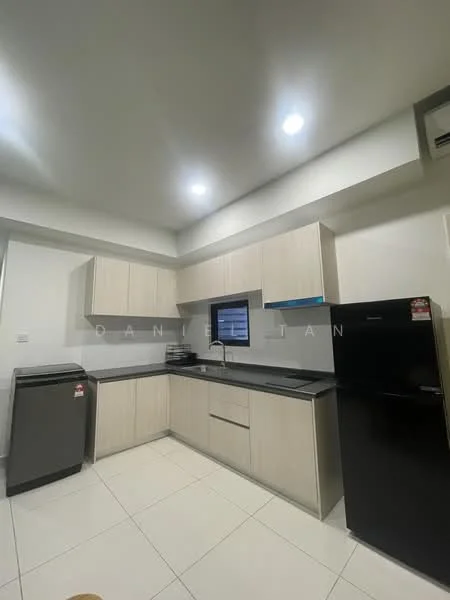 Kitchen features: light wood cabinetry, black countertop, stainless-steel sink, chrome pull-down faucet, built-in oven, freestanding black fridge, ceramic tile flooring, recessed LED downlights, window above sink, white walls; style: modern.
