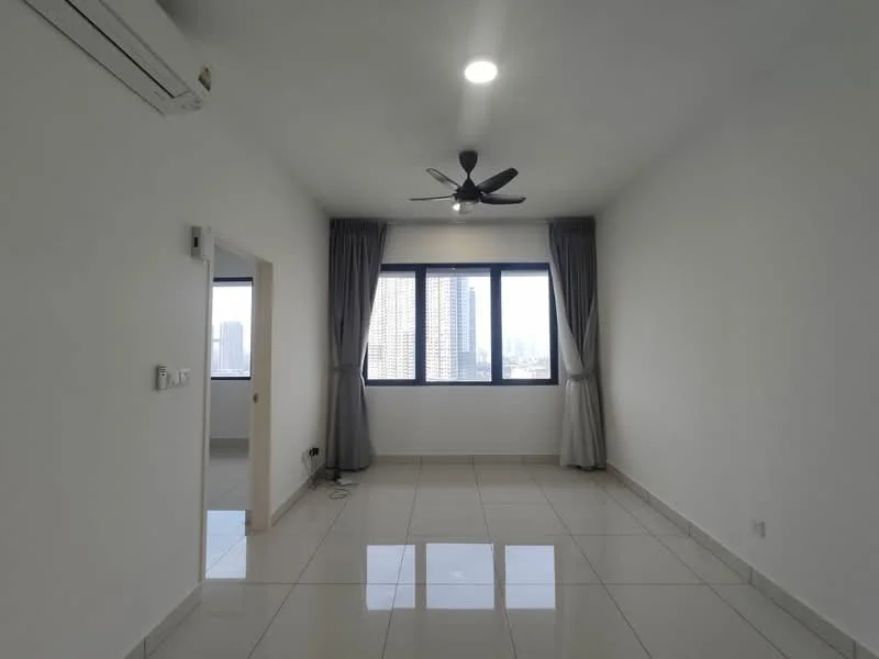 Living features: white painted walls, glossy ceramic tile flooring, 5-blade ceiling fan with light, floor-to-ceiling windows, grey curtains, wall-mounted split AC, neutral decor, natural light from windows; style: modern; view: city.