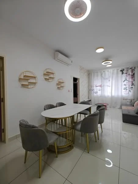 Dining features: white oval dining table, gold metal base for dining table, 6 upholstered dining chairs in grey, white painted walls, glossy tile flooring, recessed ceiling lights, decorative wall shelves in gold, curtains with floral pattern, air conditioning unit on wall, sofa in grey fabric, decorative wall art with text; style: modern.