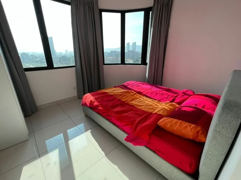 Bedroom features: king-size bed with red and orange bedding, floor-to-ceiling windows, curtains in grey, white painted walls, glossy tile flooring, nightstand, decorative wall art, city view; style: modern; view: city.