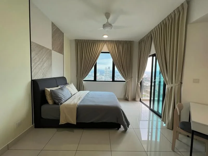 Bedroom features: king-size bed, upholstered headboard, grey bedding, floor-to-ceiling windows, sheer curtains, blackout curtains, ceiling fan, white painted walls, tile flooring, study desk, chair, city view; style: modern; view: city.