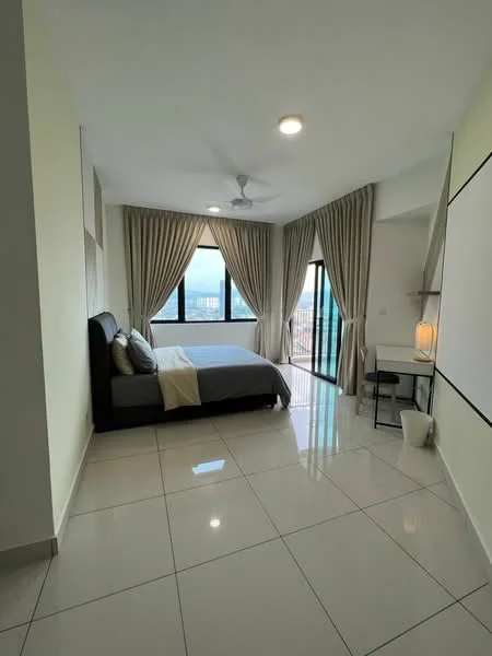 Bedroom features: king-size bed with upholstered headboard, floor-to-ceiling windows, sheer curtains, 5-blade ceiling fan with light, white painted walls, glossy ceramic tile flooring, nightstand with lamp, decorative wall mirror, built-in wardrobe; style: modern; view: city.