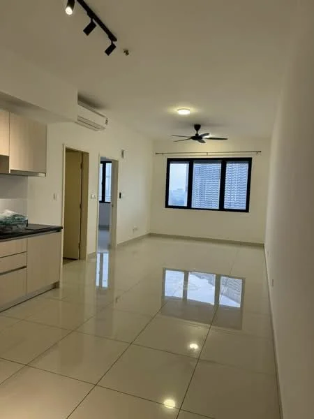 Living features: glossy ceramic tile flooring, white painted walls, recessed downlights, 5-blade ceiling fan, floor-to-ceiling windows, sliding glass door, air conditioning unit, open layout, natural light from windows, neutral color palette; style: modern; view: city.