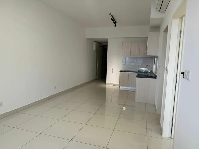 Living features: white painted walls, glossy tile flooring, recessed downlights, kitchenette with light wood cabinetry, black countertop, open layout, air conditioning unit, doorway leading to other rooms; style: modern.