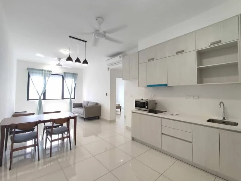 Kitchen features: white cabinetry, stainless-steel sink, chrome pull-down faucet, built-in microwave, freestanding range oven, countertop with backsplash, ceramic tile flooring, recessed downlights; style: modern. Dining features: 6-seater dining table, wooden dining chairs, pendant lighting above table; style: modern. Living features: 2-seater fabric sofa in grey, ceiling fan, large windows with sheer curtains; style: modern.