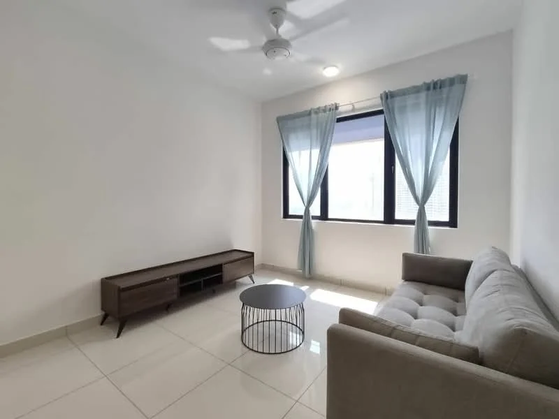 Living features: grey fabric sofa, round black coffee table, wooden TV console, floor-to-ceiling windows, sheer light blue curtains, white painted walls, tile flooring, ceiling fan with light, natural light from windows; style: modern.
