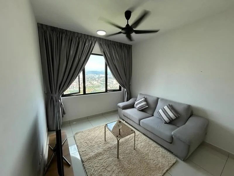 Living features: grey fabric sofa, 2 decorative cushions, glass coffee table, area rug, floor-to-ceiling window, curtains, ceiling fan, white painted walls, tile flooring, city view; style: modern; view: city.