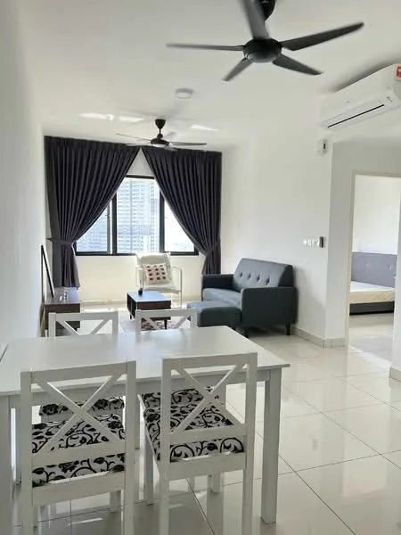 Living features: white painted walls, glossy white tile flooring, 5-blade ceiling fan, sofa in grey fabric, coffee table, dining table with 4 chairs, floor-to-ceiling windows, blackout curtains, decorative throw pillows, air conditioning unit; style: modern; view: city.