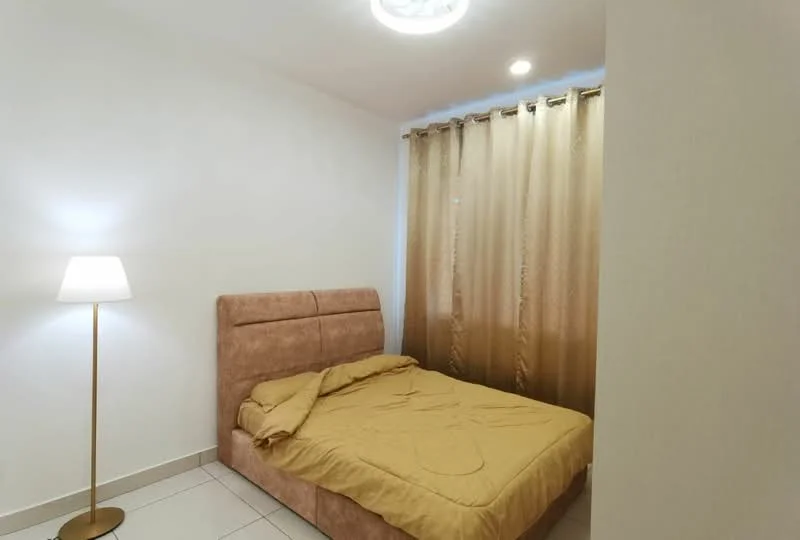 Bedroom features: queen-size bed with beige bedding, upholstered headboard, floor-to-ceiling window with sheer curtains, laminate flooring, white painted walls, recessed ceiling lights, standing lamp with gold base, beige curtains; style: modern.