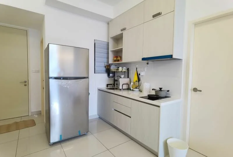 Kitchen features: stainless-steel fridge, white cabinetry, countertop with sink, built-in microwave, kitchen utensils, wall-mounted shelf, ceramic tile flooring, window with blinds, neutral wall color, single-bowl stainless-steel sink, chrome pull-down faucet, stove with cooktop; style: modern.