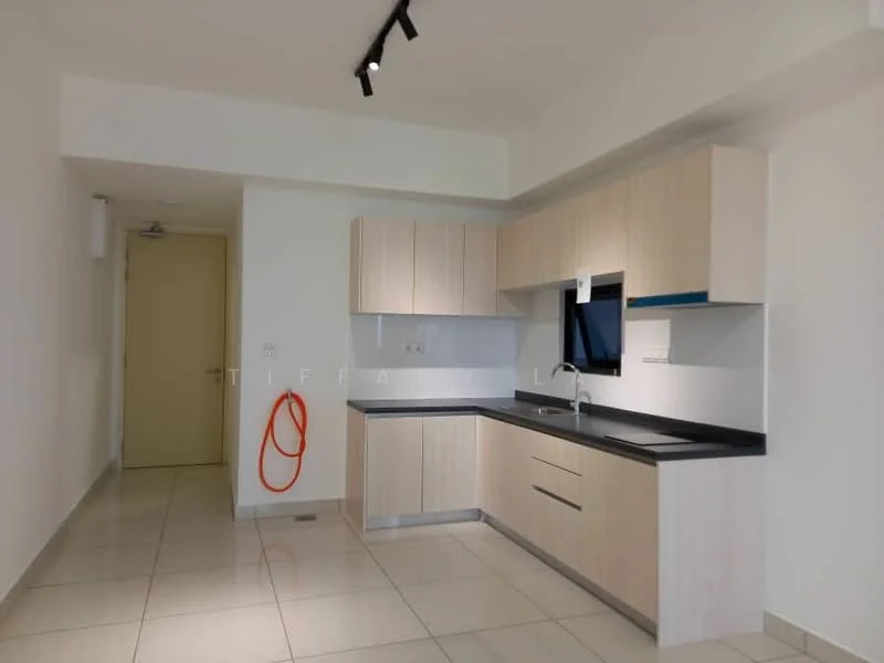 Kitchen features: light wood cabinetry, black countertop, stainless-steel sink, chrome pull-down faucet, ceramic tile flooring, recessed downlights, wall-mounted cabinet, open layout, window above sink; style: modern.