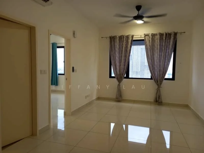 Room features: white painted walls, cream tiled flooring, ceiling fan, floor-to-ceiling window, curtains in grey, curtains in turquoise, light fixture, doorway, window with city view; style: modern; view: city.