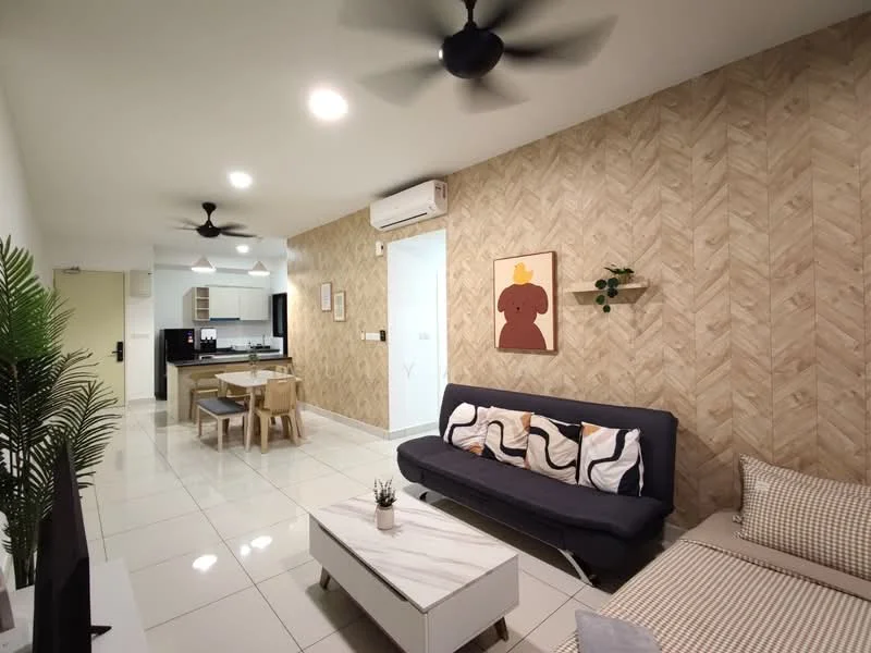 Living features: grey fabric sofa, white marble coffee table, wall-mounted TV, decorative wall art, potted plant, ceiling fan with light, recessed downlights, wooden accent wall, white tiled flooring; style: modern. Dining features: wooden dining table for four, light wood dining chairs, open layout to kitchen, white walls, ceiling fan with light; style: modern.