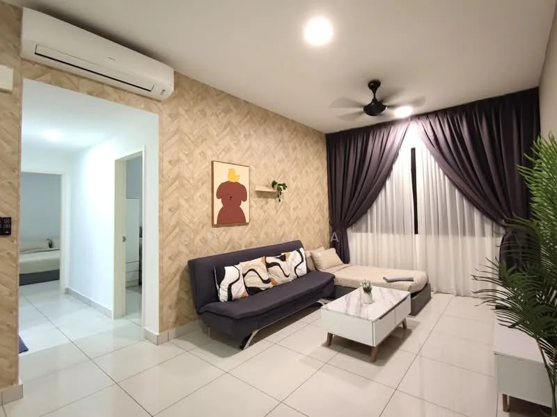 Living features: grey fabric sofa, white coffee table, decorative wall art with dog illustration, floor-to-ceiling windows with sheer curtains, dark grey curtains, white tiled flooring, ceiling fan, wall-mounted air conditioning unit, indoor plant; style: modern. Room features: doorway leading to another room, white walls, lighted ceiling.