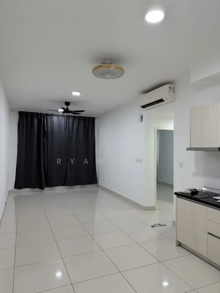 Living features: white painted walls, glossy ceramic tile flooring, 5-blade ceiling fan with light, recessed downlights, blackout curtains, wall-mounted air conditioning unit, kitchenette with light wood cabinetry, black countertop, single-bowl stainless-steel sink, built-in stove, open layout, neutral decor; style: modern.