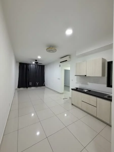Kitchen features: white painted walls, glossy white tile flooring, ceiling with recessed downlights, 5-blade ceiling fan, kitchen cabinets in light wood finish, black countertop, single-bowl stainless-steel sink, built-in stove, window with black frame; style: modern. Living features: white painted walls, glossy white tile flooring, ceiling with recessed downlights, 5-blade ceiling fan, black curtains, air conditioning unit; style: modern.