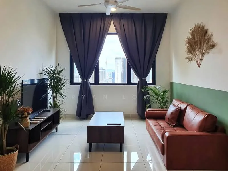 Living features: 3-seater leather sofa in brown, coffee table, wall-mounted TV, floor-to-ceiling window, city skyline view, ceiling fan, decorative plants, green accent wall, white painted walls, tile flooring; style: modern; view: city.