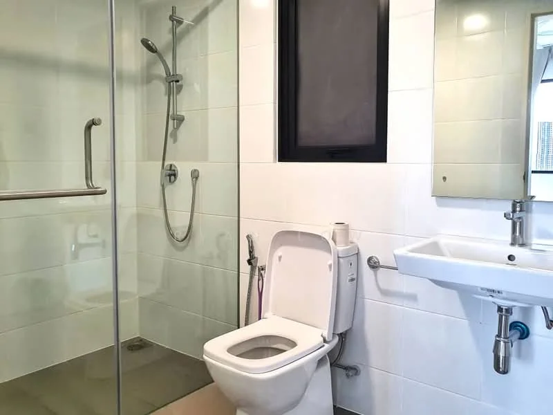 Bathroom features: walk-in shower with glass enclosure, rain shower head, handheld shower, white ceramic toilet, single-sink vanity with chrome faucet, mirror above sink, white tiled walls, light grey floor tiles, window for natural light; style: modern.