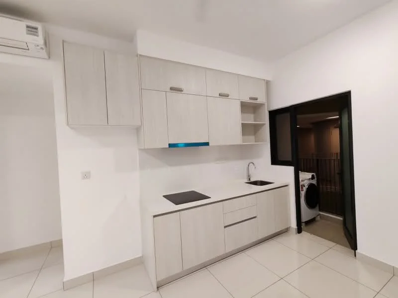 Kitchen features: light wood cabinetry, white countertop, single-bowl stainless-steel sink, chrome pull-down faucet, built-in stove, wall-mounted split AC, white tiled flooring, black framed window, open shelving, laundry area with washing machine; style: modern.