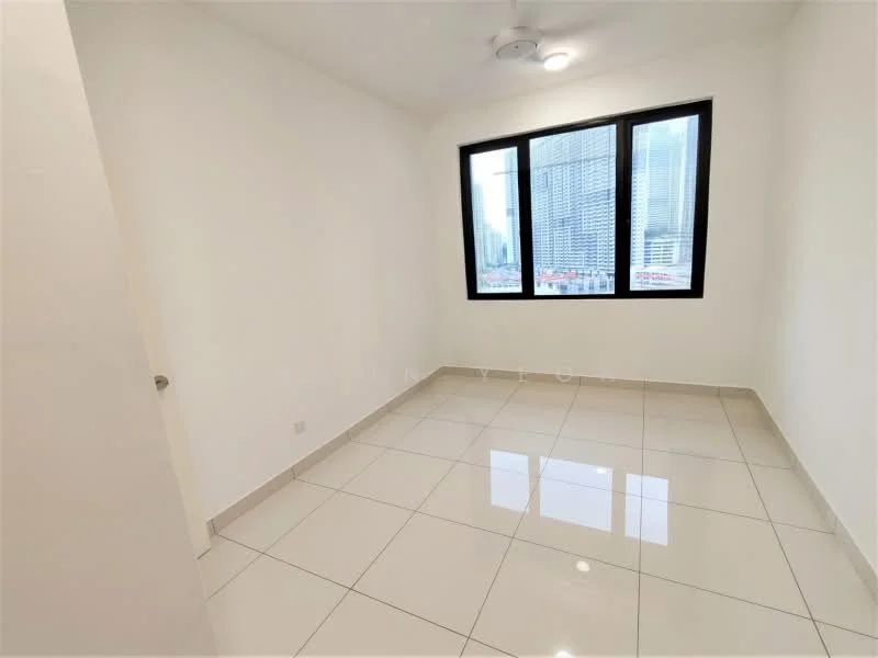 Room features: white painted walls, glossy ceramic tile flooring, floor-to-ceiling windows, 1 ceiling fan, city view; style: modern; view: city.