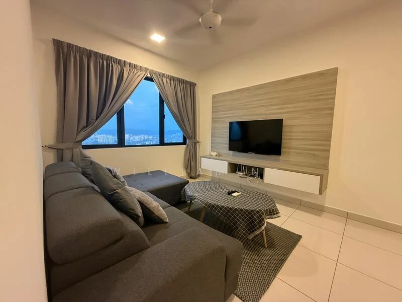 Living features: L-shape sectional sofa in grey, coffee table, wall-mounted TV, TV console with white cabinetry, grey area rug, floor-to-ceiling windows, curtains in light grey, recessed downlights, ceiling fan; style: modern; view: city.